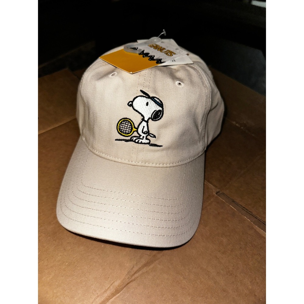 Peanuts Snoopy Tennis Baseball Hat Beige Khaki Embroidered Adjustable Cap NWT